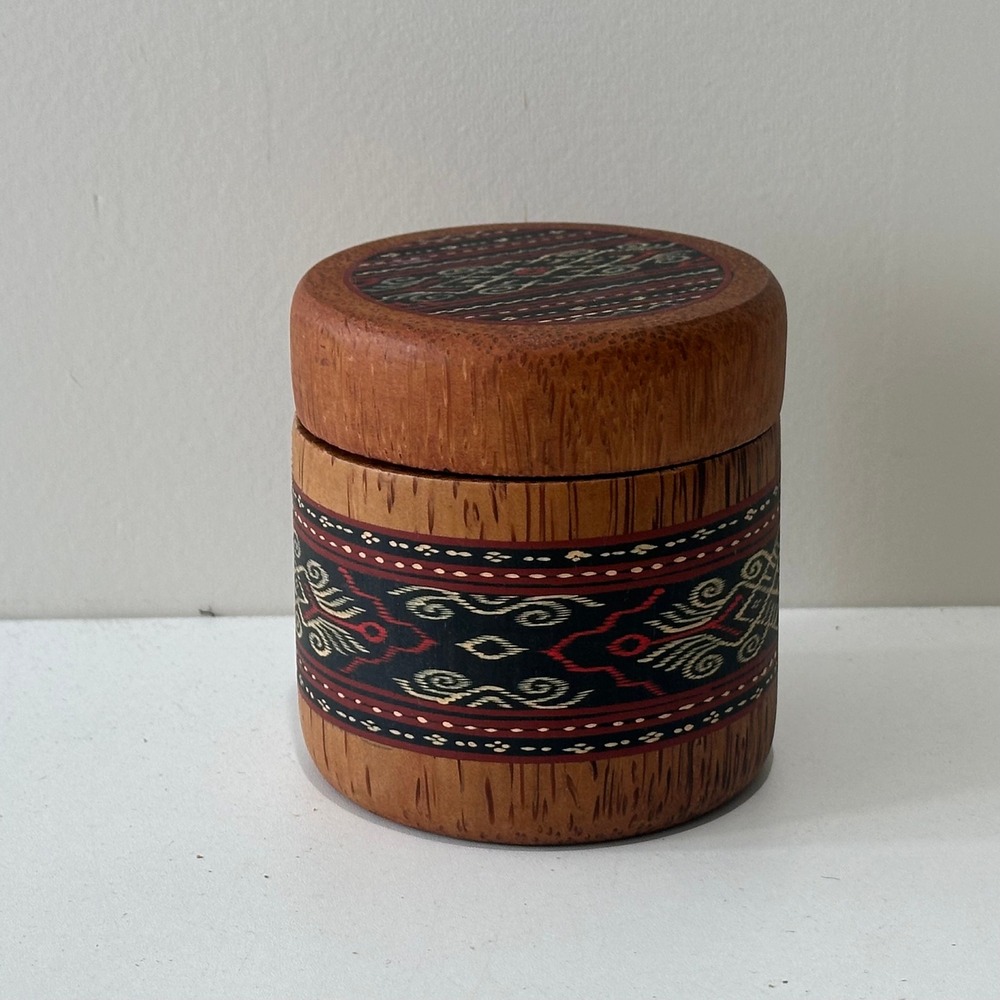 Vintage Wooden Trinket Box Match Holder Ornate Textile Inlay Lid Container‎